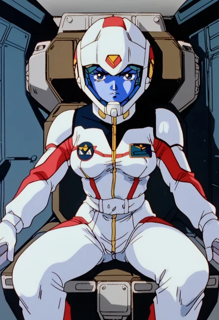 score_8, score_8_up, score_7_up, AWGXS, anime screenshot, retro artstyle,1990s (style), cel animation BREAK 1girl, female focus, solo, looking at viewer, G0080CM, helmet, blue visor, breasts, pilot suit, cockpit, sitting, standing, looking at viewer, straight-on, serious expression, full body,