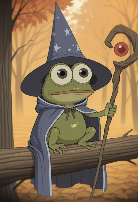 W411, masterpiece, best quality, solo, pepe the frog, autumn tree background, perched upon a log, cute, (detailed body), big eyes, shiny skin, green skin, wizard hat, wizard outfit, holding magical wizard staff,