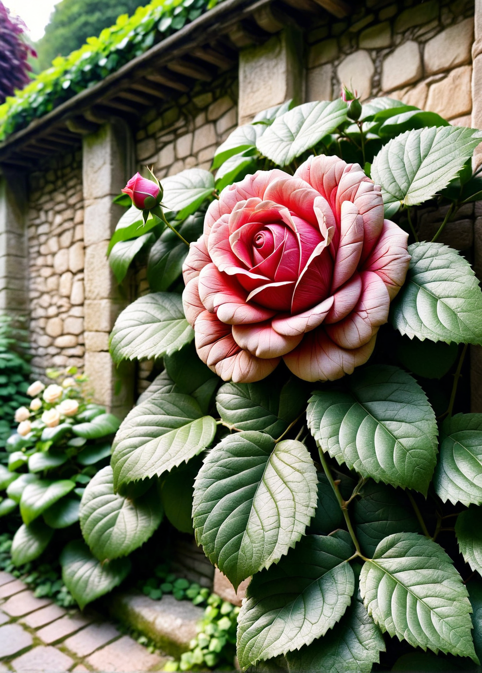 A blooming ais-rghhwn rose with petals that mimic carved wood, set against the backdrop of an old stone wall covered in ivy <lora:ais-rghhwn-sdxl:1>