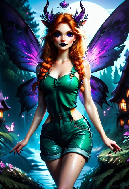 highres,score_9, score_8_up, score_7_up,, score_6_up, perfecteyes, naughty Dark Fairy ,rating_questionable, zPDXL, (((26years old))), (4k quality, masterpiece):1.4),( best quality:1.1), a fairy, blue eyes, cute face, freckles, long legs, full body shot, (Wearing only shorts overalls dress and a green sports-bra :1.2).black lipstick, purple eyeshadow, eyeliner, runny mascara, horns, smile, colorful wings green leather wings
two-tone  (copper, ginger)hair, halo braid hair, fit, curvy, sweaty skin, thighs,hud_m3tal_h4nds, 1girl, 
BREAK.
I'm an enchanted forest, oddly colorful mushroom, bright flowers, 
Break.
1ly4,
detailed skin, 8K, cinematic lighting, volumetric lighting, zPDXL, abv, 1dk, portrait, d3t41l3d, zPDXL2, perfecteyes,