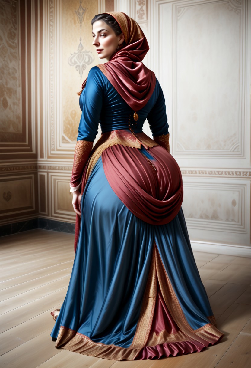 breasts shot,( life-like skin texture:1.5), realistic skin, (18th century:1.5), London, (victorian times), beautiful and mature, perfect face, Experienced middle-aged Empress, DArk blue or dark red or black royal traditional clothes, covered hair, expensive fabric, photorealistic, realistic, extreme realism, (masterpiece, photorealistic), dappled sunlight, studio lighting, (photorealistic:1.6), <lora:add_detail:0.8>, medieval queen, royal banquets, female guards, include masques (a form of courtly entertainment with dancing, acting, and elaborate costumes), feasts, and balls. Gowns and Kirtles: Women wore long, flowing gowns made of luxurious silk, dressed sexy and attractive, Empire waists 
2girls,
(55 years old:1.5), 
bent-over, 
exposed breasts, 
cleavage, 
on all fours, 
huge ass, 
bent over,
slave boy,
milfs,
moms,
grannies, 
married, 
cheating, 
Mistress, 
French Queen medieval,
Empress, 
determined look, 
brave,
dominant presence, 
traditional 1650 royal outfit,
Powerful women, 
long legs, 
exposed legs, 
sexy legs, 
cleavage, large breasts, gigantic breasts, huge breasts, bustle dress, 1woman, loose pants, harem_pants, see-through, silk, tight-fitting shirt, impossible shirt, large breasts, long hair, loose_scarf, head_scarf, jewelry,