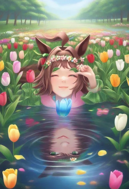 (umamusume, rhein_kraft_(umamusume), horse_ears, horse_girl, tail, 1girl, ahoge, animal_ears,)
casual, Tulip,Tulip flower, Tulip flower_field,
head_wreath, looking_at_viewer, solo, aesthetic, absurdres, symmetric , , g0ldsw0rthy,
(realistic, photo, artistic, medium_hair, one_eye_closed, petals, relaxing, smile, spiralling vortex made of multicoloured tulips, lush foliage sunrise, ripples, reflective, jaynl-tm, rainbow,green_eyes, hair_between_eyes, hair_ornament, : 0.7)
