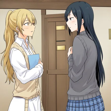 masterpiece, best quality,
kd_vnstyle
2girls, multiple girls, (love confession, assertive female,), standing, black hair, blond hair