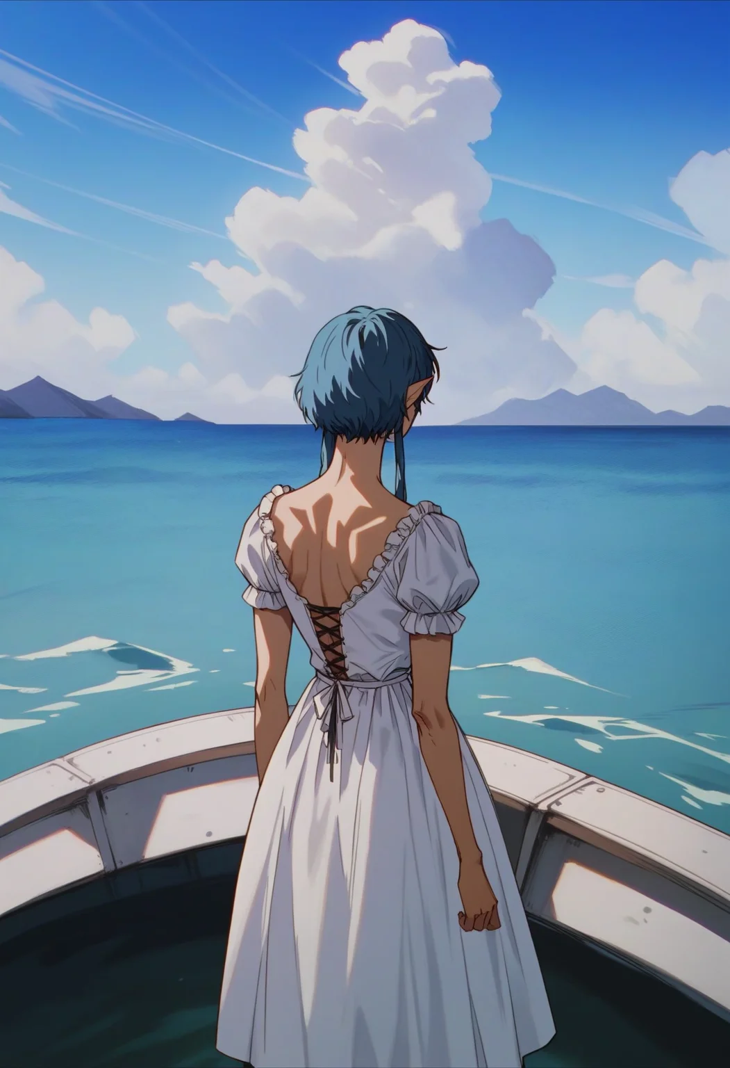 score_9, score_8_up, score_7_up, score_6_up, score_5_up, score_4_up,
<lora:BerserkV5:0.8> berserk,
1girl, solo, short hair, dress, standing, blue hair, upper body, short sleeves, sidelocks, outdoors, sky, pointy ears, day, cloud, white dress, from behind, water, blue sky, mask, ocean, back, scenery, short hair with long locks, mountain, arms at sides, horizon, facing away, watercraft, boat, lake