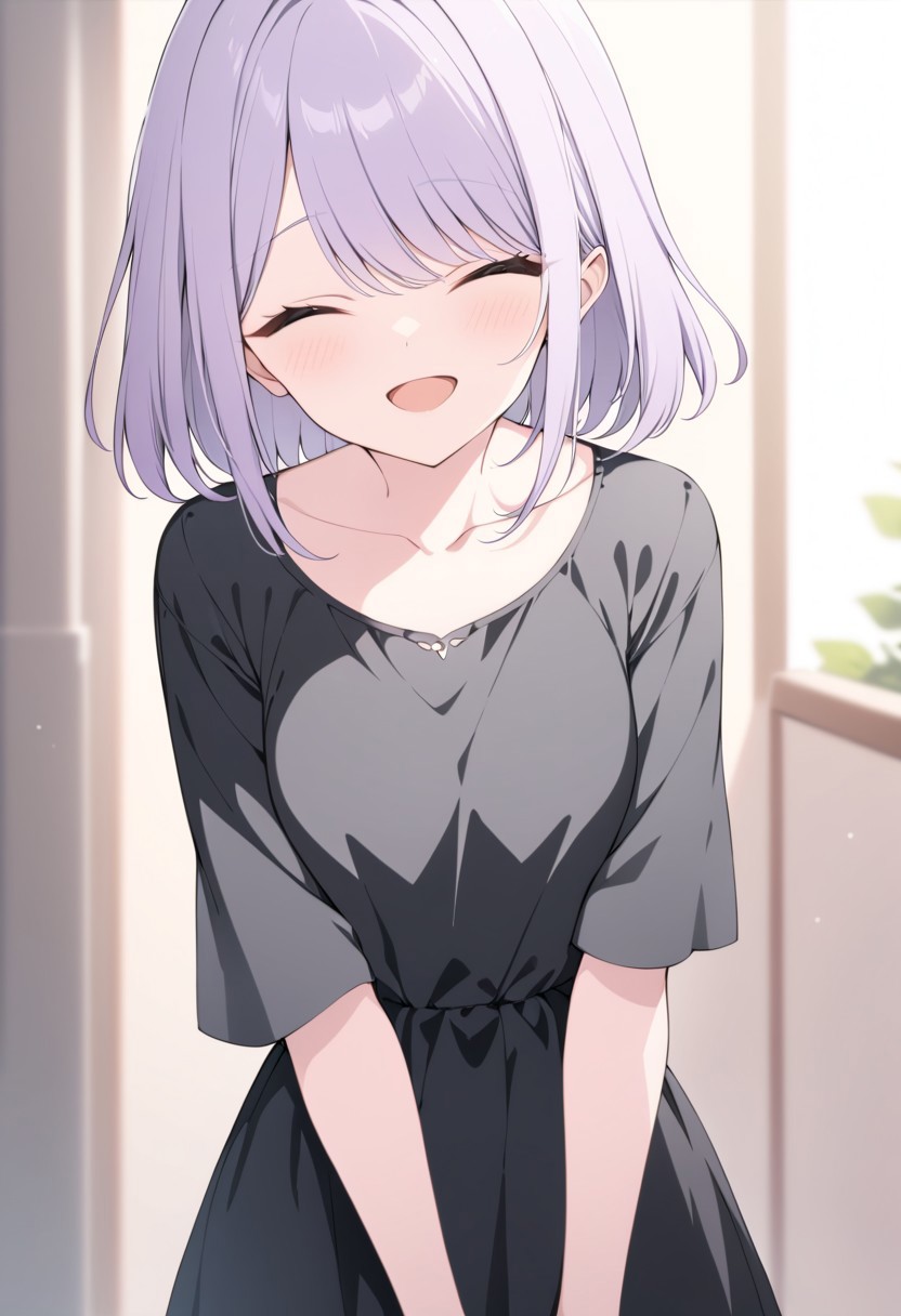 masterpiece, best quality, 32k, high resolution, absurdres, amasawa kyou, open mouth, collarbone, closed eyes, looking at viewer, black dress, dress, blurry background, indoors, day, :d