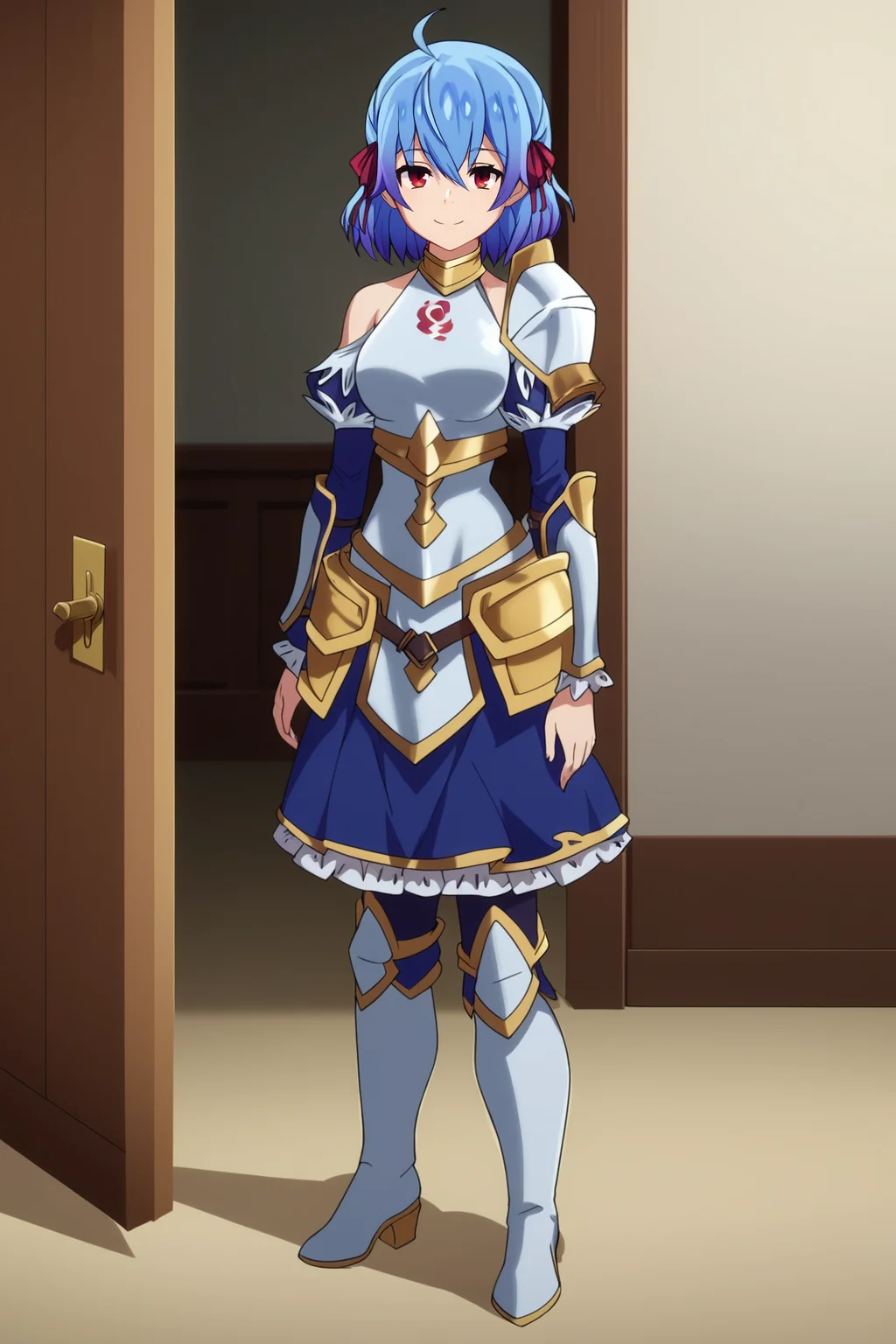 score_9, score_8_up, score_7_up, score_6_up, BREAK, RutiBHPXL, red eyes, blue hair, purple hair, gradient hair, short hair, hair ribbon, red ribbon, ahoge, hair between eyes, medium breasts, white armor, breastplate, detached sleeves, blue sleeves, single pauldron, hip armor, blue skirt, white thigh boots, solo, full body, standing, seductive smile, looking at viewer, indoors <lora:RutiBHPXL:1>
