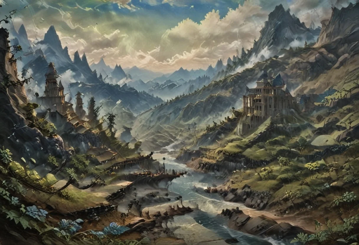 (Ink illustration on parchment, watercolor, ink splashes, Ukiyo-E). ((watercolor)), ((Chinese landscape, skyrimlandscapes)), Pagodas, Palace, City, Verdant Green Forest, Green Trees, landscape focus, small figure off-side, Chinese Mountains with Vines, Rivers, Clouds, with watercolor washes, (((bright green foliage))), lush foliage, endless karth mountains that stretch outward to the horizon, a lone woman traversing the landscape!! wearing a bright blue cloak to make the miniscule figure stand out in a landscape dotted with the ruins of an ancient destroyed civilisation, crumbling stone, degraded buildings and temple, a long magical aurora borealis stretching across the sky, a broken moon high in the sky partially turned into an asteroid belt, a Saturn-like ringed-planet world, flickers of magical energy illuminating the land, in the far distance a giant wall of smoke is rising from the shattered earth in which a multitude of faces are forming and screaming, Ink splashes, rough ink sketch, Ghibli style, high contrast, stylized, dark skin, close up on face, head and shoulder, leather medieval top with lowered hood, Art Nouveau Style, detailxl, BadDream, dioramas,