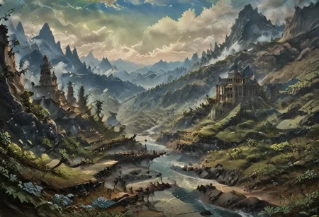 (Ink illustration on parchment, watercolor, ink splashes, Ukiyo-E). ((watercolor)), ((Chinese landscape, skyrimlandscapes)), Pagodas, Palace, City, Verdant Green Forest, Green Trees, landscape focus, small figure off-side, Chinese Mountains with Vines, Rivers, Clouds, with watercolor washes, (((bright green foliage))), lush foliage, endless karth mountains that stretch outward to the horizon, a lone woman traversing the landscape!! wearing a bright blue cloak to make the miniscule figure stand out in a landscape dotted with the ruins of an ancient destroyed civilisation, crumbling stone, degraded buildings and temple, a long magical aurora borealis stretching across the sky, a broken moon high in the sky partially turned into an asteroid belt, a Saturn-like ringed-planet world, flickers of magical energy illuminating the land, in the far distance a giant wall of smoke is rising from the shattered earth in which a multitude of faces are forming and screaming, Ink splashes, rough ink sketch, Ghibli style, high contrast, stylized, dark skin, close up on face, head and shoulder, leather medieval top with lowered hood, Art Nouveau Style, detailxl, BadDream, dioramas,
