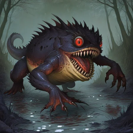 masterpiece, best quality, newest, absurdres, highres, vintage anime, 90s anime, Droad-V1.0, dragon, toad, frog, monster, no humans, animal focus, teeth, sharp teeth, claws, roar, open mouth, sharp claws, horror (theme), dark fantasy, swamp