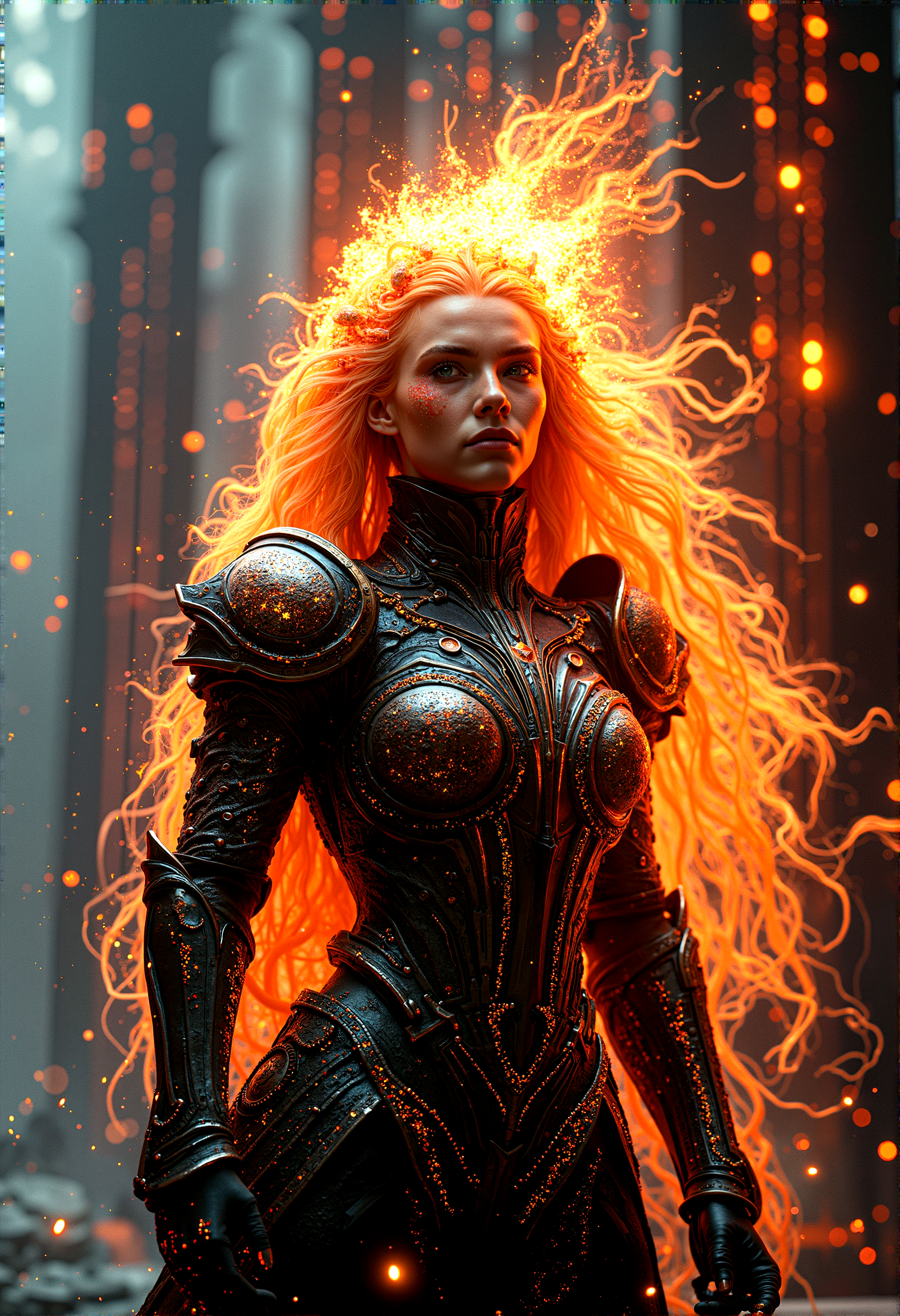 photorealistic image of a warrior queen with fire-infused armor, her hair blazing like a crown, in a digital fortress with intricate circuit patterns and neon lights, combining elements of fantasy and futuristic technology, glowing circuitry and fire reflections, ultra-detailed textures, dramatic lighting, next-gen graphics, high-definition, complex composition, cinematic
 



 














