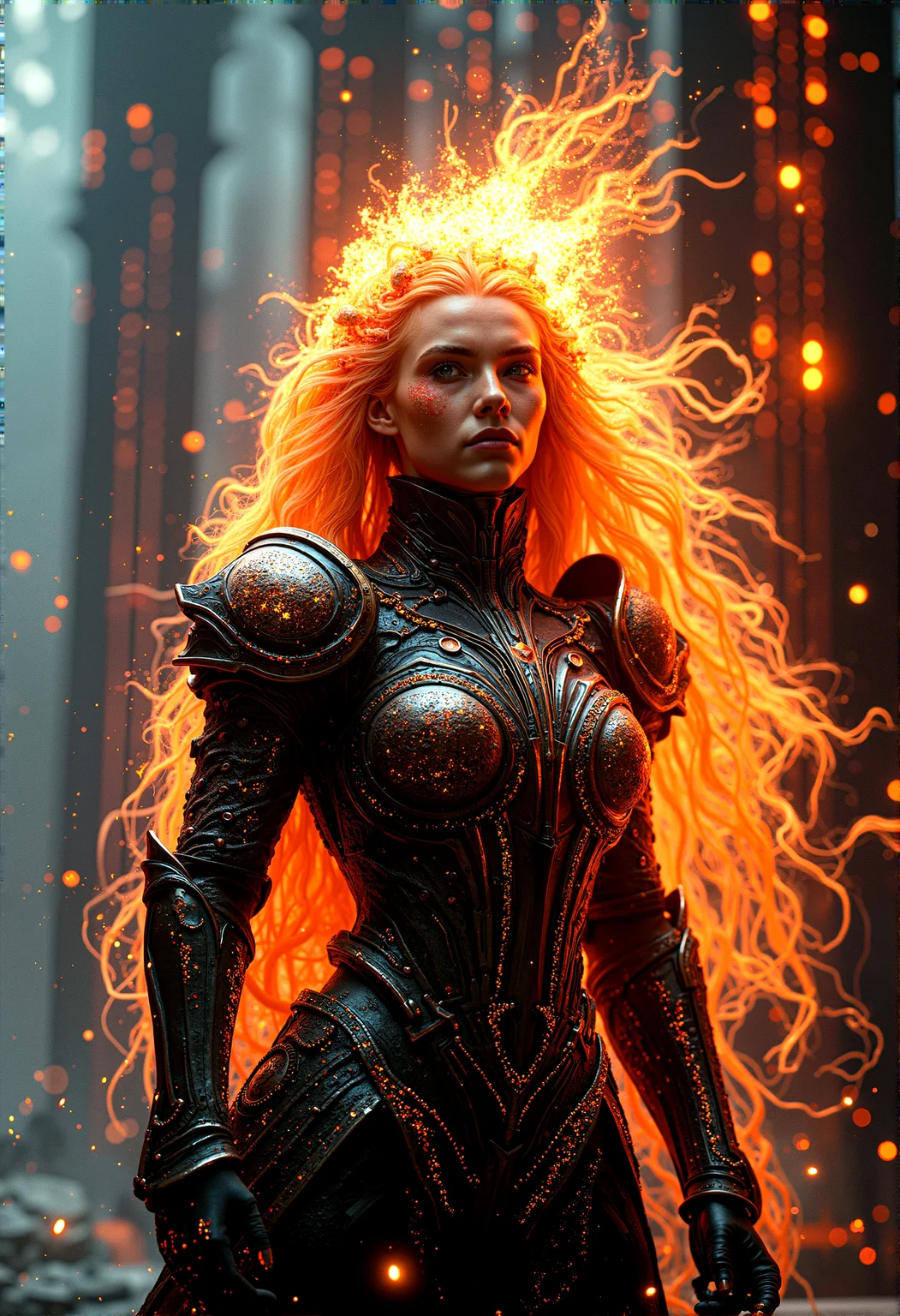 photorealistic image of a warrior queen with fire-infused armor, her hair blazing like a crown, in a digital fortress with intricate circuit patterns and neon lights, combining elements of fantasy and futuristic technology, glowing circuitry and fire reflections, ultra-detailed textures, dramatic lighting, next-gen graphics, high-definition, complex composition, cinematic