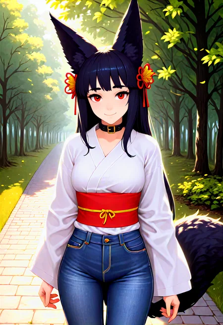 score_9, score_8_up, score_7_up, score_6_up, score_5_up, score_4_up score_9, score_8_up, score_7_up, score_6_up, score_5_up, score_4_up, source_anime, rating_explicit, detailed, zPDX, zPDXLxxx, detailed body, detailed face, yuelgbf, animal ears, black hair, erune, fox ears, fox tail, long hair, red eyes, solo, tail, (kimono:1.2), dynamic pose, fox girl, outdoors, park, harsh lighting, rim lighting, pants, smile, japanese clothes, white hair, jeans, denim, animal collar, white kimono, :3, collar
 <lora:add_details_xl:1.2> <lora:xl_more_art-full_v1:1.2> <lora:Expressive_H:0.8> <lora:Yuel_epoch_7:0.7>