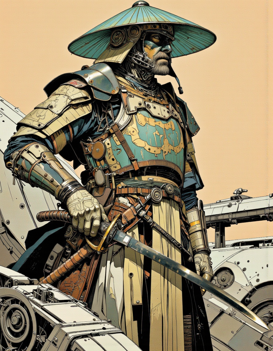 A highly detailed digital illustration in a stylized, futuristic sci-fi art style. The central character is a warrior clad in heavy, mechanized armor, reminiscent of a samurai or ninja. The armor is a mix of metallic and organic textures, with intricate details such as rivets and gears. The warrior wields a curved-blade katana sword, which is sheathed at his side. He wears a traditional Japanese conical hat, known as a "waraji," with a blue-green tint, adding a touch of cultural authenticity.
The overall composition is dynamic, with the warrior's pose and the angles of the platform adding depth and movement to the image.