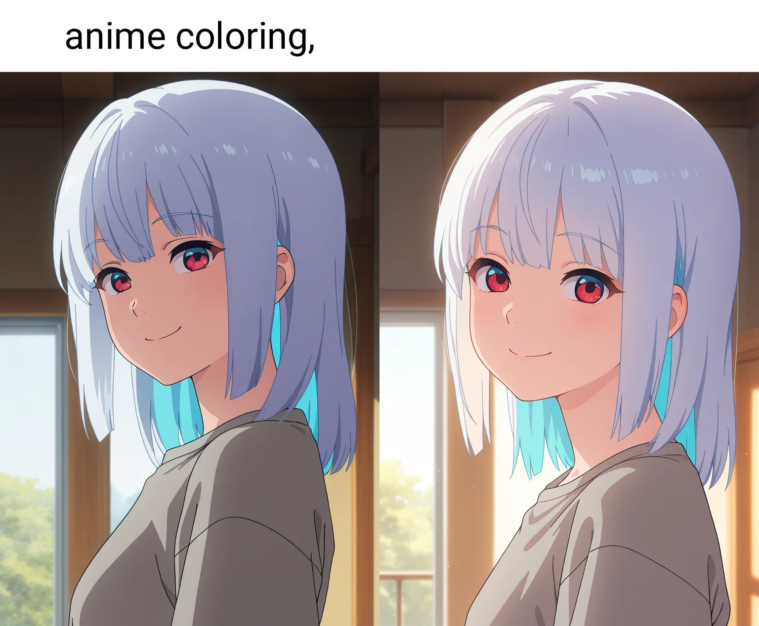 masterpiece, best quality, amazing quality, 1girl, solo, (portrait:1.2), anime coloring, luluww, short stature, petite, red eyes, white hair, medium hair, bangs, colored inner hair, grey shirt, looking at viewer, smile, indoors, day, skindentation, detailed clothing folds, depth of field, sharp, dynamic light <lora:Lulu_Bravern_ill_v11:0.9>