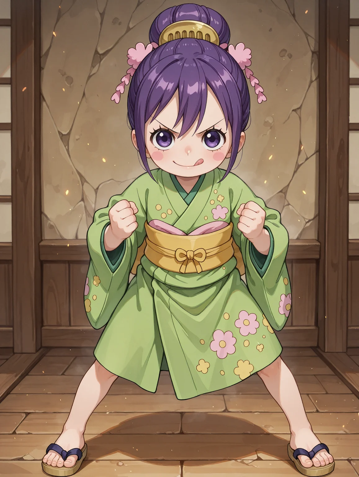 ultra-detailed, ultra-detailed background, ultra-detailed eyes, hair between eyes, 1girl, <lora:Tama_Kurozumi_-_One_Piece__Illustrious:0.8>, child, purple hair, shimada hairstyle, hair bun, purple eyes, eyelashes, one piece wano style, hair ornaments, pink cheeks, green kimono, yellow sash, patched kimono, japanese sandals, loose clothes, standing, fighting stance, spread feet, detailed toes, v-shaped eyebrows, looking at viewer, licking lips, clenched hands, <lora:hand 5.5_903007:0.1>, well-defined fingers, ultra-detailed fingers, <lora:illustriousXL_stabilizer_v1.7_1135253:0.1>, <lora:spo_sdxl_10ep_4k-data_lora_webui_482964:1>, <lora:Hyper-SDXL-8steps-lora:0.5>, <lora:add-detail-xl:1>, general, masterpiece, best quality, amazing quality, very aesthetic, absurdres,