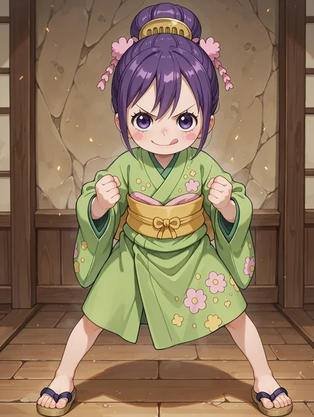 ultra-detailed, ultra-detailed background, ultra-detailed eyes, hair between eyes, 1girl, <lora:Tama_Kurozumi_-_One_Piece__Illustrious:0.8>, child, purple hair, shimada hairstyle, hair bun, purple eyes, eyelashes, one piece wano style, hair ornaments, pink cheeks, green kimono, yellow sash, patched kimono, japanese sandals, loose clothes, standing, fighting stance, spread feet, detailed toes, v-shaped eyebrows, looking at viewer, licking lips, clenched hands, <lora:hand 5.5_903007:0.1>, well-defined fingers, ultra-detailed fingers, <lora:illustriousXL_stabilizer_v1.7_1135253:0.1>, <lora:spo_sdxl_10ep_4k-data_lora_webui_482964:1>, <lora:Hyper-SDXL-8steps-lora:0.5>, <lora:add-detail-xl:1>, general, masterpiece, best quality, amazing quality, very aesthetic, absurdres,