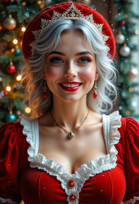 A close-up of Mrs. Claus, dressed in a traditional red velvet dress with white fur trim, her cheerful face framed by silver curls and a warm smile. She wears a soft, lace-trimmed white apron over her dress, and a red bonnet with a decorative bow rests on her head. Her bright eyes sparkle with kindness, and a gentle glow from nearby Christmas lights illuminates her face. In the background, there are hints of holiday decorations like holly, garlands, and soft snowfall, creating a cozy, heartwarming Christmas atmosphere   <lora:Midjourney_Christmas_Magic_FLUX_LoRA-20:1>