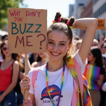 high definition, extremely detailed,
masterpiece, photo realistic,
A 19-year-old girl thomasinara is joyfully participating in an LGBT support parade. She holds a sign with a slogan says "Why don't you Buzz me?", her face beaming with excitement and determination. The vibrant colors of the parade surround her, reflecting her enthusiasm and the festive atmosphere. Her eyes sparkle with passion as she marches forward, embodying the spirit of unity and celebration. The scene captures her energy and the collective joy of the crowd, making it a moment of pure, unfiltered happiness and solidarity.