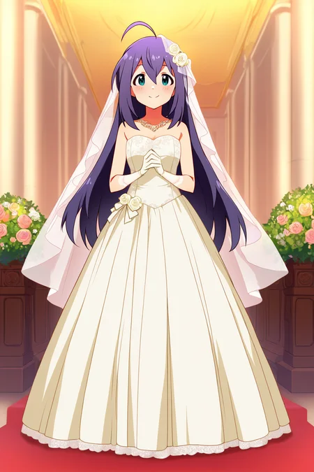 masterpiece,best quality,very aesthetic,absurdres,highres,newest,official art,official style,
1girl,solo,
mochizuki anna,purple hair,green eyes,ahoge,
wedding dress,wedding band,white dress,white gloves,
<lora:eye_focus_illus:1>,eye_focus,
standing,full body,
<lora:idolmaster_mochizuki_anna_ill_v1.0:1>,