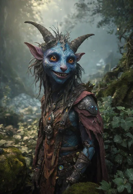 photography in the style of Labirynth, the dark crystal movies , fantasy books, rpg games, close up of (nature) and (crazy) creature with a (diminute) sword stained with (magic), in a beautiful and ruined ,fantasy,hyper detailed, real skin imperfections, hard lighting, bokeh, ((curi:1.2))(inspire forms in most beautiful creatures:1.4) (crazy:1.4) (ambient craziness:1.4)(beautiful colors in fantasy world:1.4) (amazing luminous particles floating in the air:1.5)smiling
