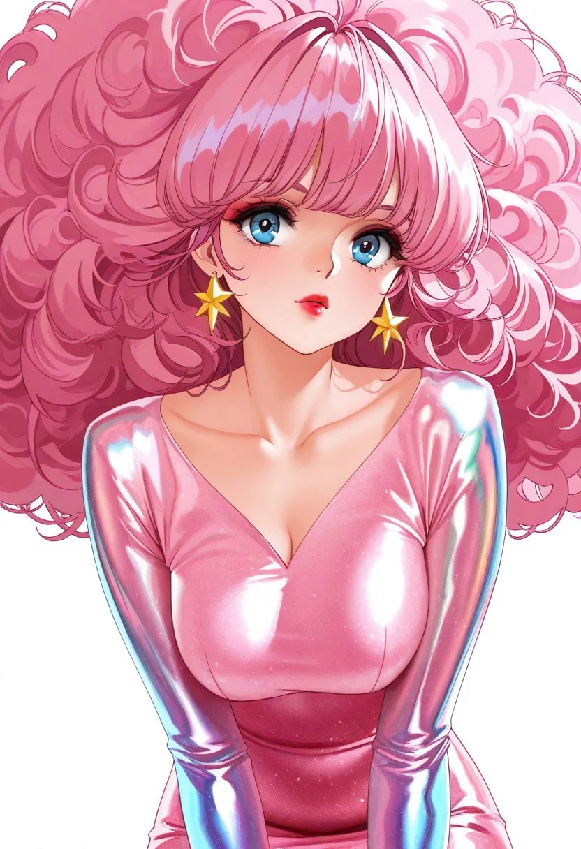 masterpiece, best quality, very aesthetic, absurdres,
1girl, upper body, solo, jem \(jem and the holograms\), retro artstyle, 1980s \(style\), blue eyes, long hair, big hair, pink hair, makeup, red lips, collarbone, BREAK,
iridescent clothing, star earrings, pencil dress, pink dress, long sleeves, white background,
az-ys-il,