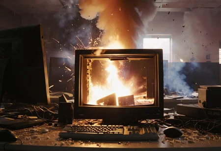 Niko Bellic is operating a computer, (It says "404" on the screen:1.5), A blown-up computer on a desk, Ruined Keyboard, Ruined Mouse, Ruined Monitor, Fire, thunder and lightning,smoke, the room that exploded, explosion artstyle, close-up, cinemascope, film, lens, cinematic, shown from reverse