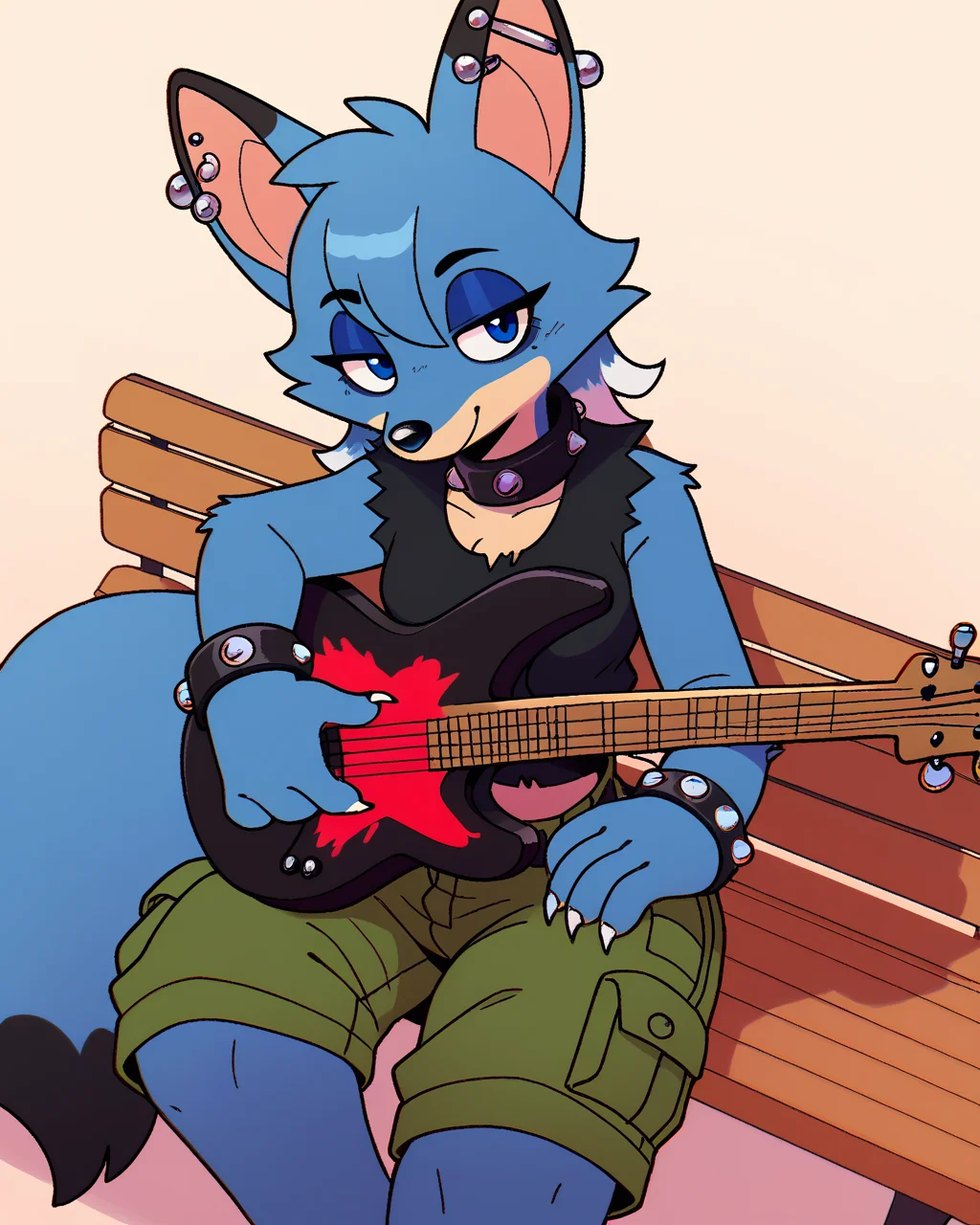 score_9_up, score_8_up, score_7_up, score_6_up, fox, furry, female, furry female, blue hair, eyeshadow,  white highlights, blue body, industrial piercing, half-closed eyes, medium breasts, sleeveless, spike collar, blue eyes, wolf ears, bracelet, spiked bracelet, black crop top, green cargo shorts, female, short hair, midriff, solo, sitting, playing music, guitar, playing guitar, smile, high-angle view, looking at viewer, three-quarter view, head tilt, tail, simple background, bench, <lora:Leah_Pines(AIM)_XL_v1:0.15> <lora:PDXL_artist_tags_v2_big:0.5> <lora:The-Minuscule-Task_PDXL_v1.0:0.6>  <lora:Fox_f0xnr0ll:0.7>