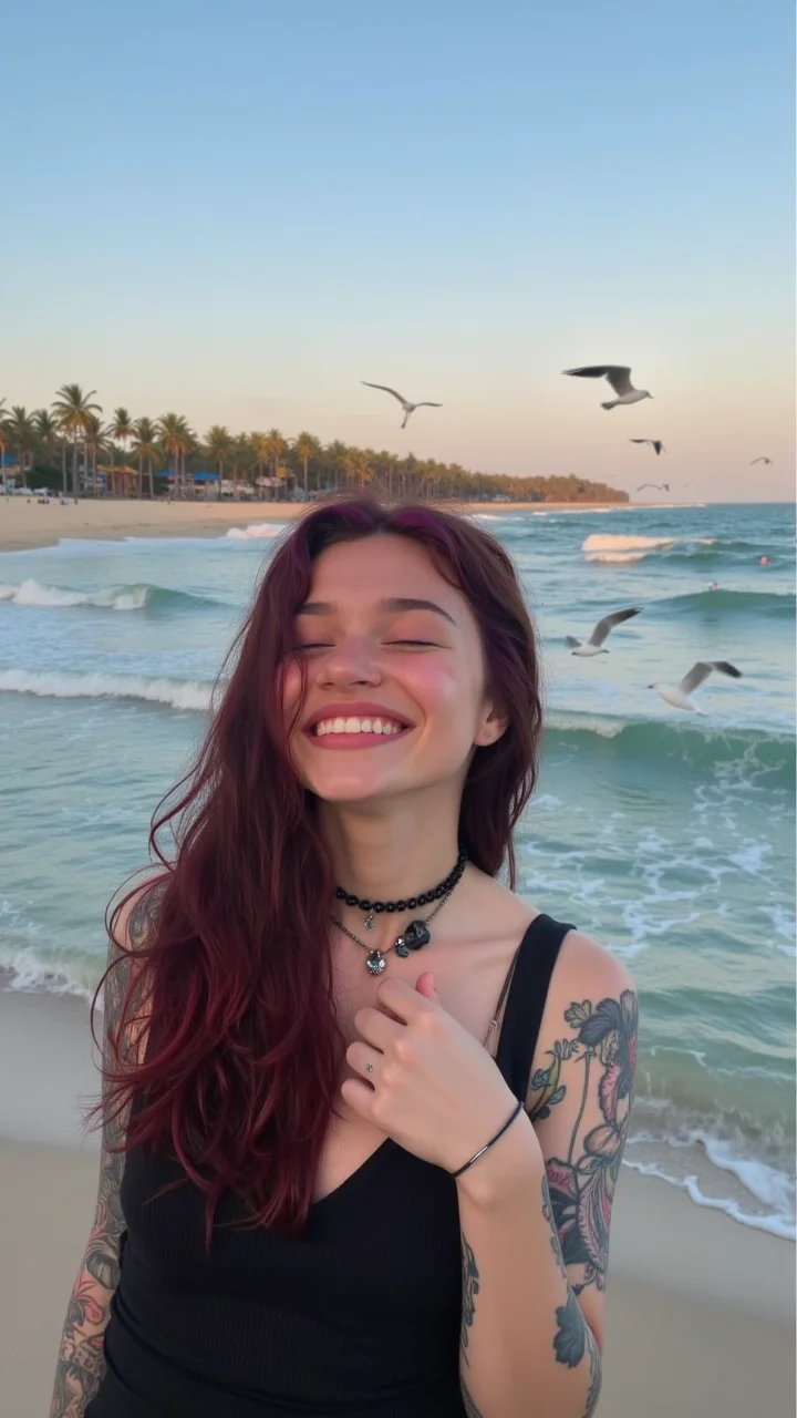 the beach is alive with colorful waves and seagulls as a goth girl, long, colorful hair, tattoo, and a grin dance on her face in the fading light. The girl's eyes are closed in contentment as she gazes out at the ocean, lost in thought. The scene is set against a backdrop of palm trees and turquoise water, creating an otherworldly atmosphere.