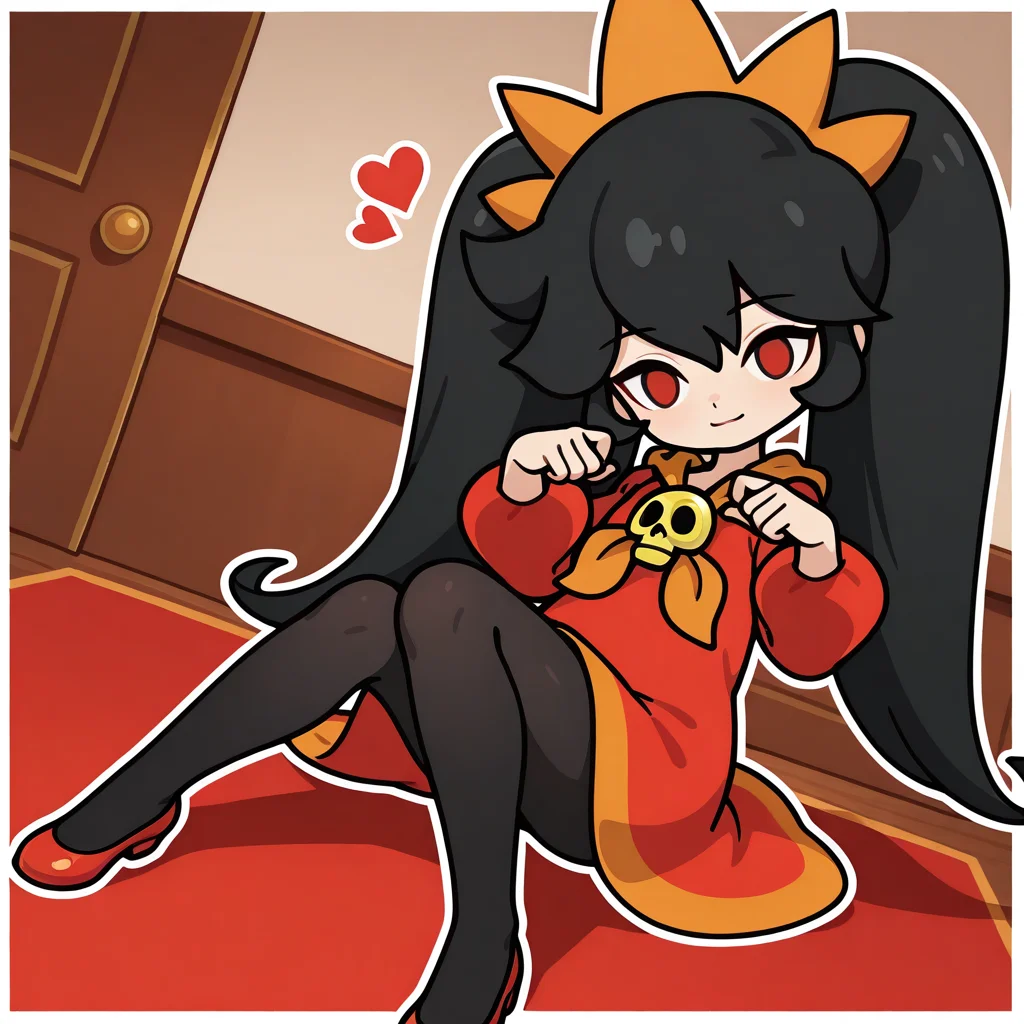 AshleyWWG, 1girl, solo, chibi, black hair, two large pigtails, bang, orange tiara, red eyes, red long-sleeve dress, orange neckerchief, golden skull brooch, black tights, red shoes, looking at viewer, heart , Sitting, (light smile, dutch angle, naughty pose, looking at viewer, solo, dynamic pose, indoors, elegant room, full_body, head tilt,),(( White frame, white outline))