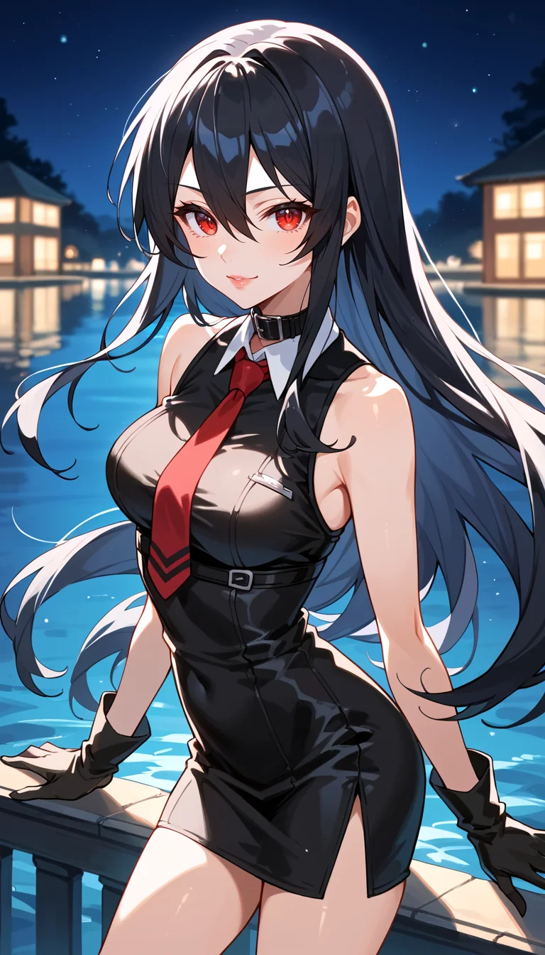 score_9, score_8_up, score_7_up, Anime Style, Cowboy Shot, Akame ga Kill!, cute, seductive, innocent, light smile:0.3, plump lips, slender body, very long black hair, red eyes, black dress, sleeveless, detailed white collar, black skirt, red and black gloves, long red tie, ultrahigh resolution textures, bokeh, moonlight passing through hair night, lake background, depth of field, dynamic angle, fashion photography, sharp, hyperdetailed:1.15