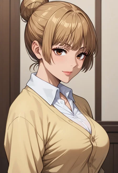 anime artwork, score_9, score_8_up, score_7_up, score_6_up, score_5_up, solo, perfect eyes, detailed eyes, beautiful female, detailed face, dynamics lines, 20 year old, perfect beautiful face, long eyelashes, sharp eyes pupils, room, (upper body:1.5), medium breasts, wide hips, hips,,1 girl, brown hair, short hair, hair bun, bangs, brown eyes, yellow cardigan, closed cardigan, white collared shirt, smile, looking at the viewer, side view