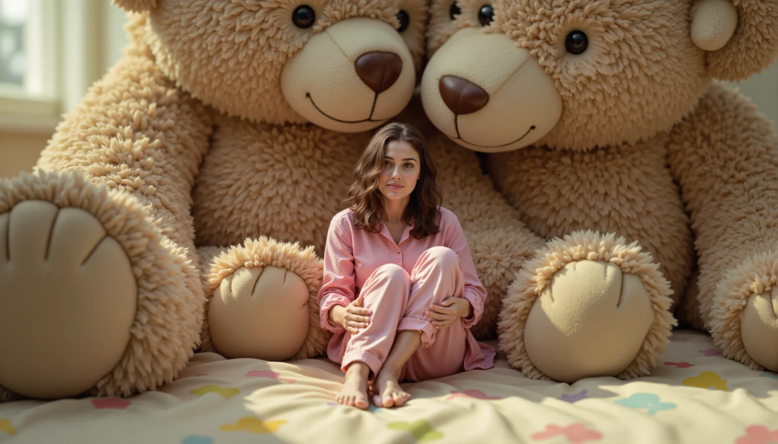 cinematic still, a tiny 1 inch tall raw photo, a miniature woman wearing pink pajamas sitting comfortably amidst a group of large, plush teddy bears on a girl's bed. The bedspread is soft and colorful, adorned with playful patterns, while the towering teddy bears surround her like friendly giants. The woman, dressed casually, leans back against the fluffy belly of a bear, her legs crossed as she relaxes, almost disappearing into the cozy pile of teddybears. Sunlight filters in through the window, casting a warm glow over the room, highlighting the soft fur of the teddy bears and the tiny womanâs peaceful expression, as if she's found a serene moment in this oversized, whimsical world.