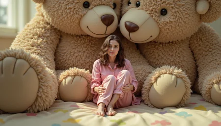 cinematic still, a tiny 1 inch tall raw photo, a miniature woman wearing pink pajamas sitting comfortably amidst a group of large, plush teddy bears on a girl's bed. The bedspread is soft and colorful, adorned with playful patterns, while the towering teddy bears surround her like friendly giants. The woman, dressed casually, leans back against the fluffy belly of a bear, her legs crossed as she relaxes, almost disappearing into the cozy pile of teddybears. Sunlight filters in through the window, casting a warm glow over the room, highlighting the soft fur of the teddy bears and the tiny womanâs peaceful expression, as if she's found a serene moment in this oversized, whimsical world.