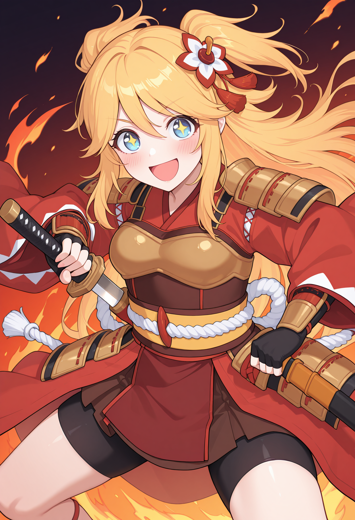 fire, unsheathing sword, dynamic pose, open mouth, +_+, smile, blush, looking at viewer, pcrninon, blonde hair, long hair, medium breasts, pnindef, two side up, blue eyes, hair ornament, hair flower, red kimono, wide sleeves, shimenawa, yellow sash, obi, breastplate, shoulder armor, kusazuri, japanese armor, brown skirt, bike shorts, black gloves, fingerless gloves, <lora:_ninon_pcr-elesico-ilxlA:1> highres, best quality, masterpiece,
1girl, solo,