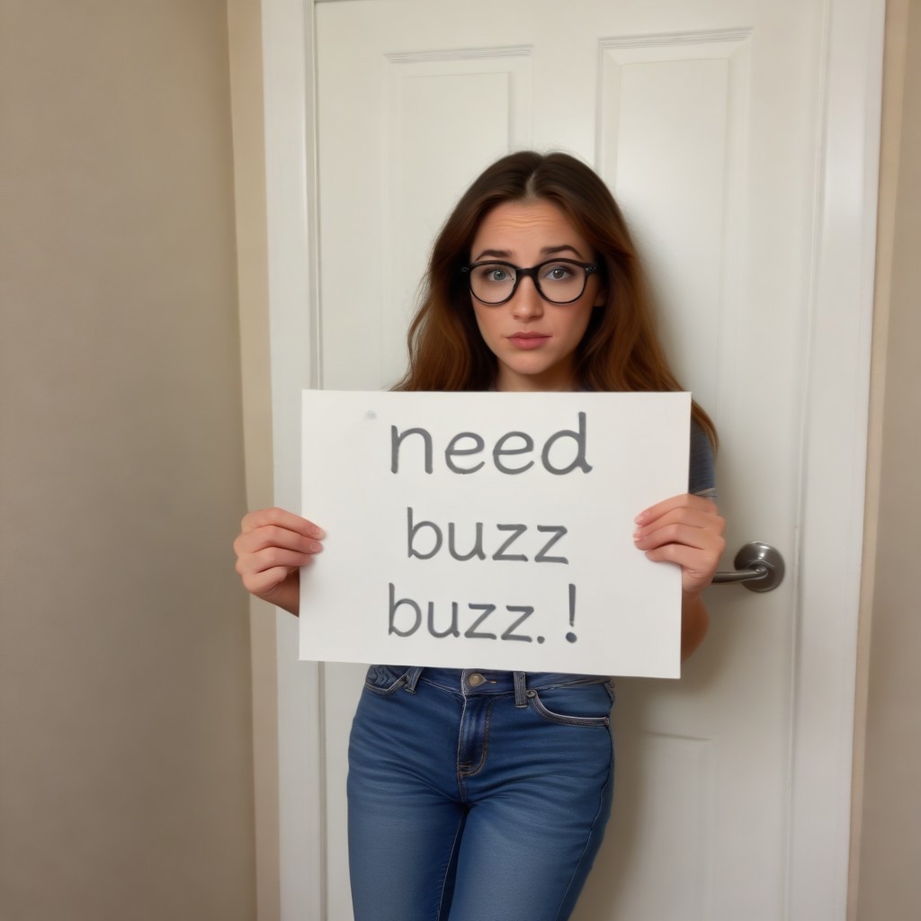 need_buzz, holding sign, Best quality, 1girl, cute girl 25 years old. She is nearly wetting her jeans. She is outside the bathroom door. Sign on door says ”100 buzz entry” Looking at viewer with pledging eyes, teared up. young adult cute model. High resolution. Photo realistic. Extremely detailed face. Extremely detailed eyes. Big eyes. Wearing nerdy glasses. Cute face. Holding water bottle. Slightly bent over. Crossing legs.