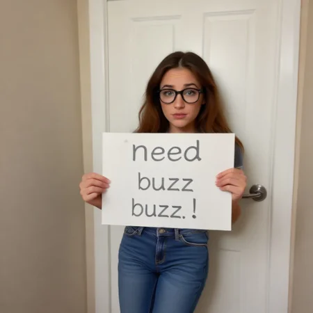 need_buzz, holding sign, Best quality, 1girl, cute girl 25 years old. She is nearly wetting her jeans. She is outside the bathroom door. Sign on door says ”100 buzz entry” Looking at viewer with pledging eyes, teared up. young adult cute model. High resolution. Photo realistic. Extremely detailed face. Extremely detailed eyes. Big eyes. Wearing nerdy glasses. Cute face. Holding water bottle. Slightly bent over. Crossing legs.