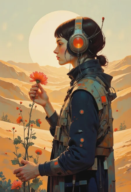 drkfnts style, DB4RZ, DB4RZ style painting, ck-70scf, OBxiaoxiang, R3alisticF, Steve McDonald Art, a highly detailed digital painting of a lone female figure in a desolate expansive desert landscape stands in a quiet, sunlit clearing, holding a single flower in their hand. There is no additional flora in the image. The bloom is delicate, its vibrant petals trembling in the soft breeze. there is nothing to be seen for miles except dunes of sand. The figure is wearing futuristic over-ear headphones. The figure’s face is soft in expression, caught in a moment of stillness, as if they are watching something fragile grow in the silence of the world around them.
The composition is dominated by gold, navy blue, orange, and red tones.