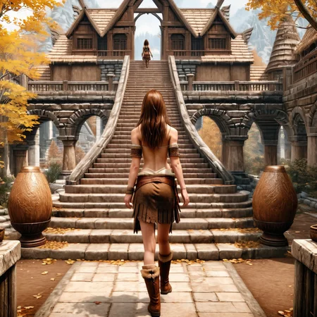 Masterpiece,absurd resolution,8k,high resolution,
<lora:SkyrimLandscapes:0.8>,
skyrimlandscapes, 1girl, solo, scenery, brown hair, from behind, architecture, outdoors, tree, long hair, boots, walking, day, stairs, east asian architecture