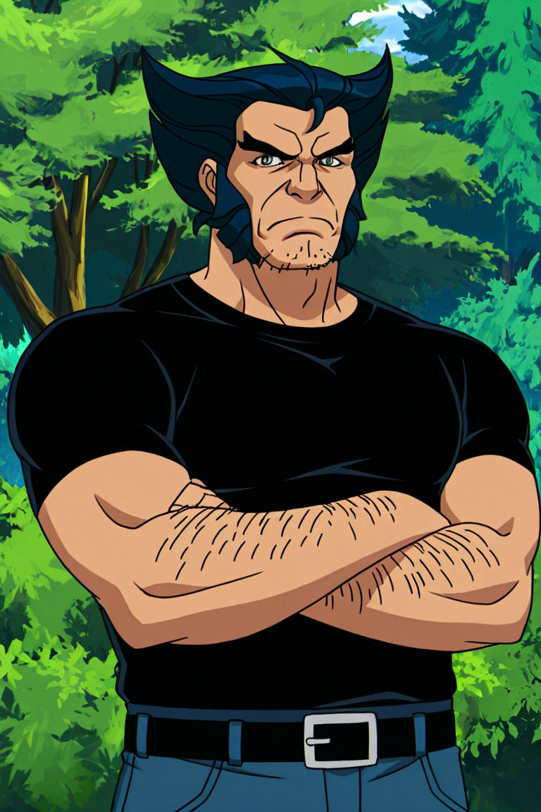 masterpiece, best quality, highres, newest, anime coloring, logan, 1boy, solo, male focus, mature male, short hair, dark blue hair, grey eyes, thick eyebrows, facial hair, stubble, cleft chin, long sideburns, mutton chops, wrinkled skin, manly, muscular male, black shirt, t-shirt, short sleeves, arm hair, blue pants, jeans, black belt, belt buckle, frown, serious, crossed arms, looking at viewer, facing viewer, standing, cowboy shot, outdoors, nature, bush, tree <lora:Logan - X-Men 97 - v1.0 [LoRA] - Illustrious-XL v0.1:0.8>