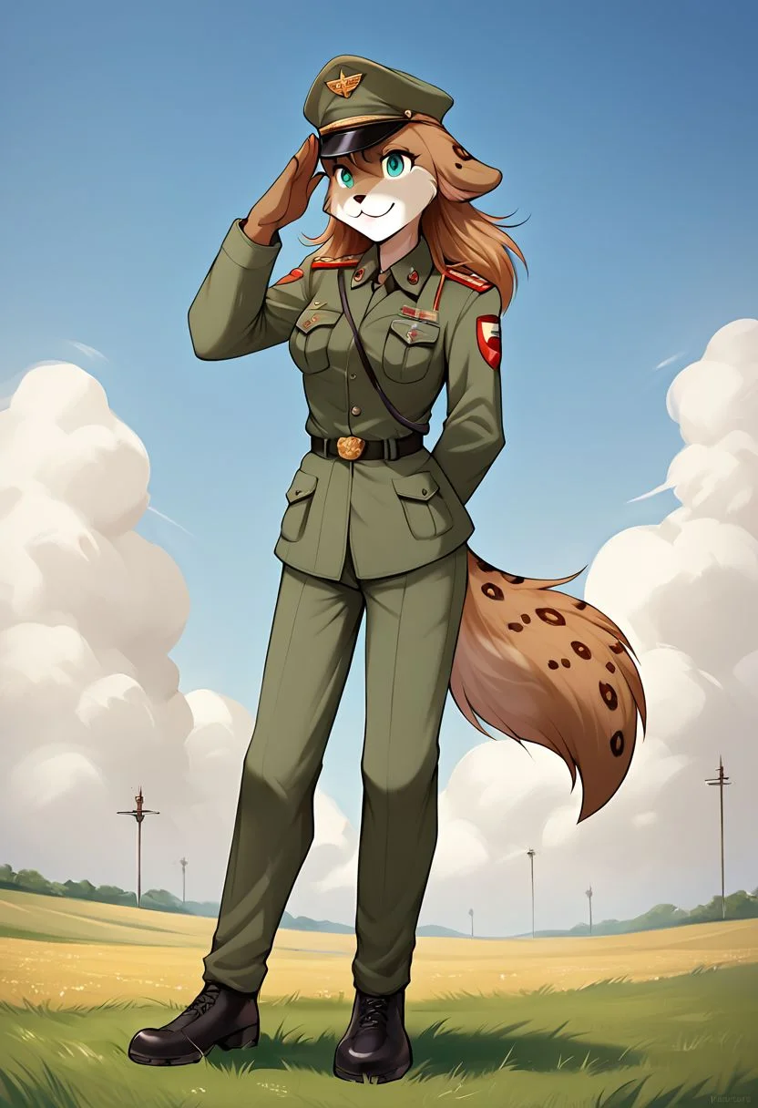 score_9, score_8_up, score_7_up, score_6_up, score_5_up, score_4_up, rating_explicit, source_furry, tkkathrin, keidran, mammal, spotted fur, teal eyes, anthro, 1girl, female, solo, solo focus, full body, standing on two legs, fluffy tail, long hair, medium breast, the army uniform of the Soviet Union, officer's cap of the Soviet Union, in the field, The salute gesture, cute expression, field, detailed background