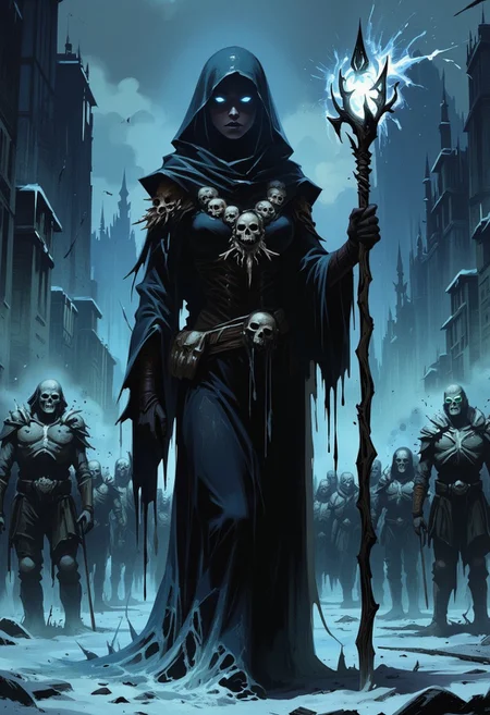 A woman shrouded in sorrow ice and shadows, she is adorned by a necklace of human skulls and wears robes of blackest night, she holds a staff of gnarled black wood that flickers with sparks of energy.  The background is a frozen ancient city, the streets littered with the dead, an army of glowing eyed corpses slowly rising from their torpor.