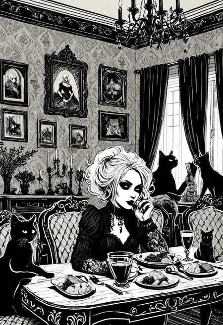 drawing, gothic, digital illustration, flat colors, line art, heavy film grain, black and white, old goth woman in her luxurious dining room with her many cats, blond hair, sexy, creative angle, sexy poses, cowboy_shot