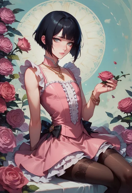 score_9, score_8_up, score_7_up, 1boy, femboy, otoko no ko, short hair, bob cut hair, black hair, grey eyes, gray eyes, feminine face, toned body, Shelly, pantyhose, ruffles, pink rose, thighhighs, flowers, rose corsage, sleeveless, necklace, jewelry, bracelet, pink dress, rose, ring, pink frilly dress, flower, lace trim, frilled dress, highly detailed, intricate, zzCitronCAT, flirty expression, sitting back, leaning back, legs crossed, hands in lap, looking at viewer, cowboy shot, modelshoot, abstract background, solo