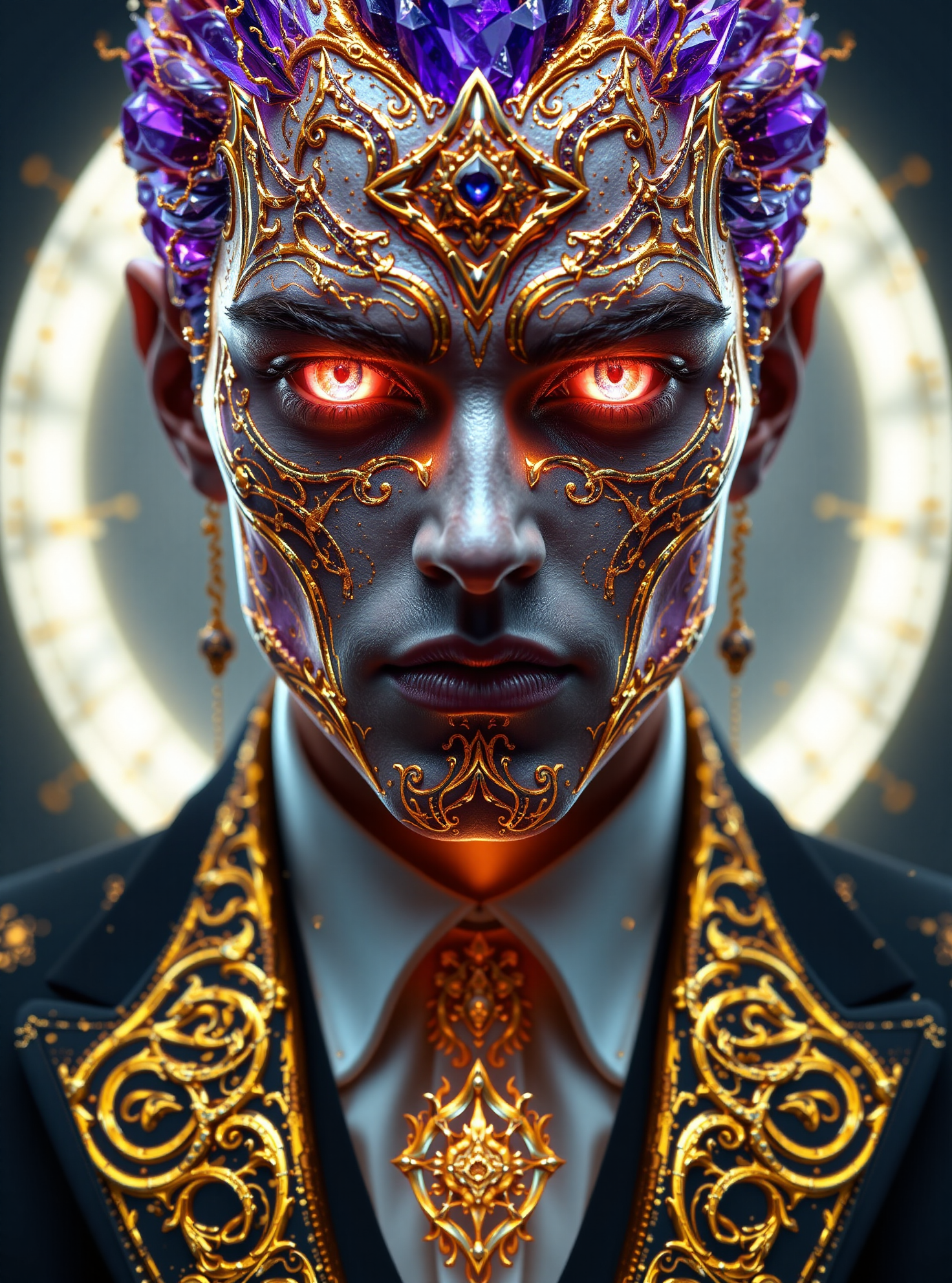 A sophisticated male face, entirely composed of intricate dark violet crystalline structures and Celtic punk patterns, blending with white marble and steel plates. The face is adorned with gold details and radiates an aura of lunar inferno, glowing with energy. It exudes a Gothic pestilence toxicity, with visible pulses. The face seamlessly melts into the background, gradually fading into a majestic yet malevolent atmosphere. His gaze is relaxed yet mesmerizing, somewhat offputting, as if casting a spell on the viewer. The image is created in a hyper-realistic style, with an extreme depth of field, using a 50mm f1.2 lens effect, enhanced hyper-detail in 4K, and HDR quality. Wide 16:9 format.