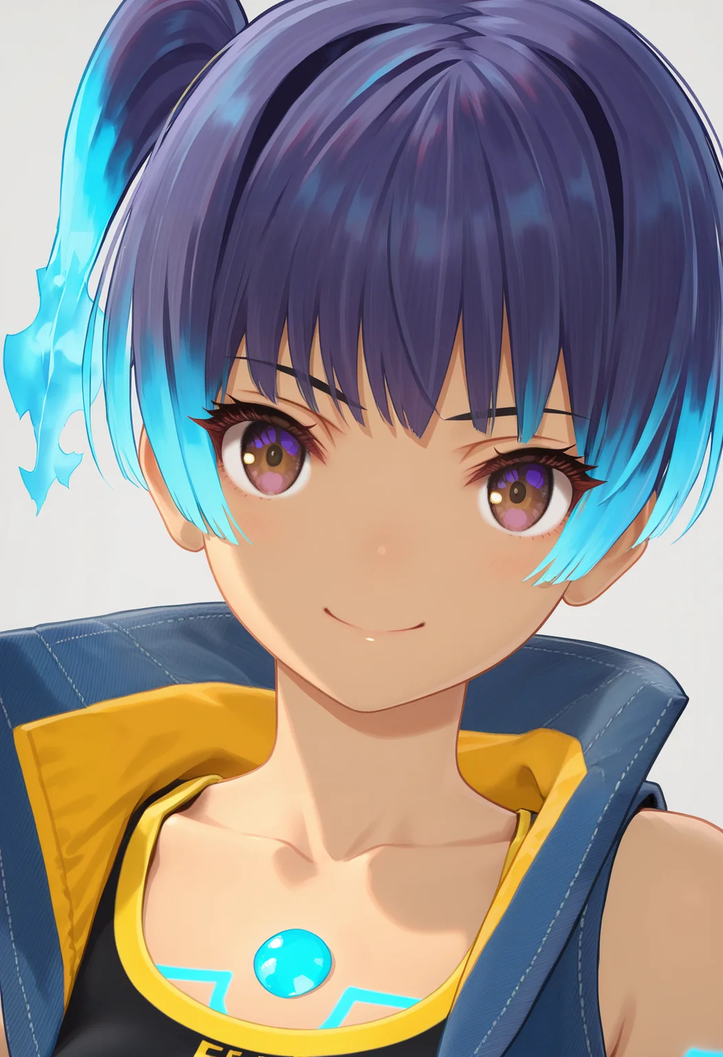 masterpiece, best quality, good quality, portrait, sena \(xenoblade\), cropped jacket, sports bra, chest jewel, brown eyes, short hair, side ponytail, fiery hair<lora:sena illustrious 053:1>
