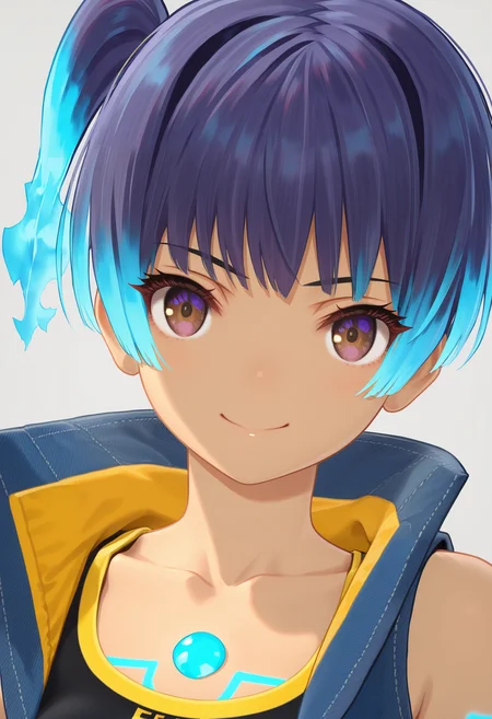 masterpiece, best quality, good quality, portrait, sena \(xenoblade\), cropped jacket, sports bra, chest jewel, brown eyes, short hair, side ponytail, fiery hair<lora:sena illustrious 053:1>