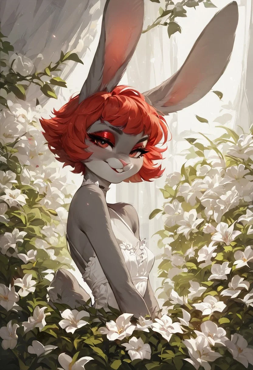 score_9, score_8_up, score_7_up, score_6_up, score_5_up, (flat colored: 1.2),anthro rabbit female, short red hair, gray fur, ,solo, cute, sexy pose, flirty, seductive,seductive expression, horny, aroused, motion lines, scene, red makeup, dance, flowers