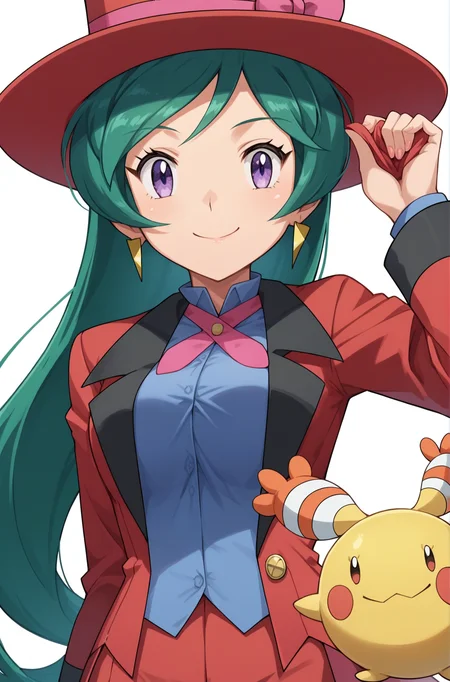 score_9, score_8_up, score_7_up, source anime, anime, animification, anime screencap, anime coloring, vivid colors, shiny skin, skindentation, deep skin, depth of field, high quality, highres, (dynamic angle,dynamic pose),
francesca \(pokemon\), 1girl, long hair, looking at viewer, smile, shirt, long sleeves, hat, ribbon, holding, closed mouth, purple eyes, jacket, earrings, green hair, collared shirt, pokemon, (creature), buttons, blue shirt, headwear removed, hat removed, top hat, holding clothes, holding hat
BREAK
masterpiece,high quality
<lora:Francesca_XL-10:0.9>