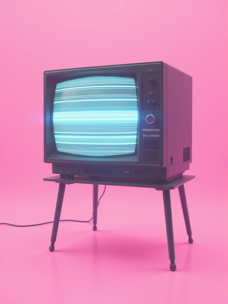 A glitched retro analog TV sits on a stand all by itself. The screen flickers with scan lines as the screen glitches between channels. Pastel pink background. gl1tchc0re <lora:Glitchcore_Flux:1>