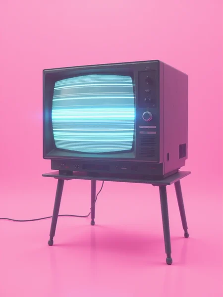 A glitched retro analog TV sits on a stand all by itself. The screen flickers with scan lines as the screen glitches between channels. Pastel pink background. gl1tchc0re  <lora:Glitchcore_Flux:1>